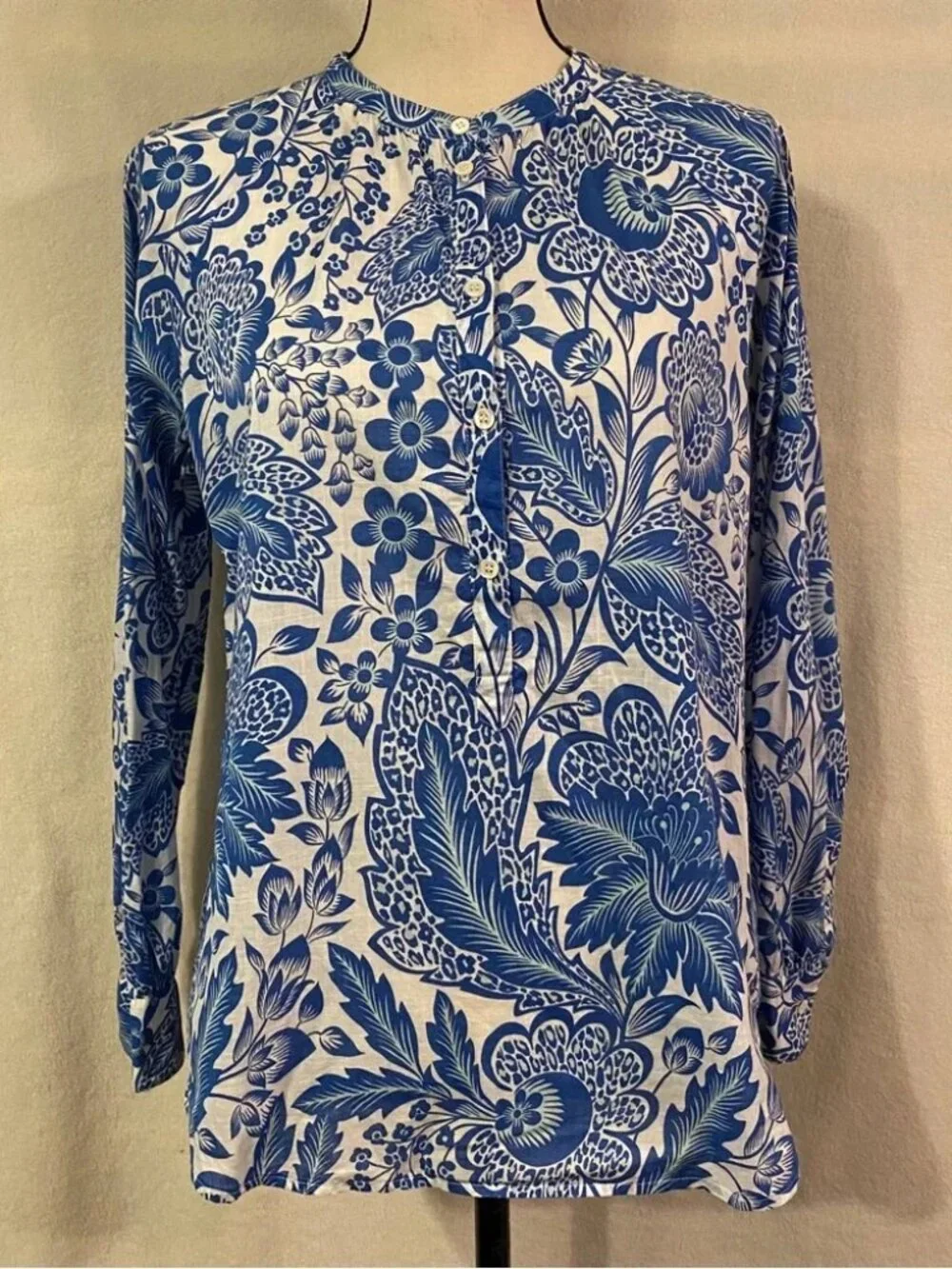 J. Crew Raglan Popover Shirt in blue & white floral paisley print cotton